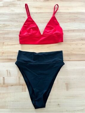 Aerie Red Triangle Bikini Top with High Waist Black Bottoms, Sz S